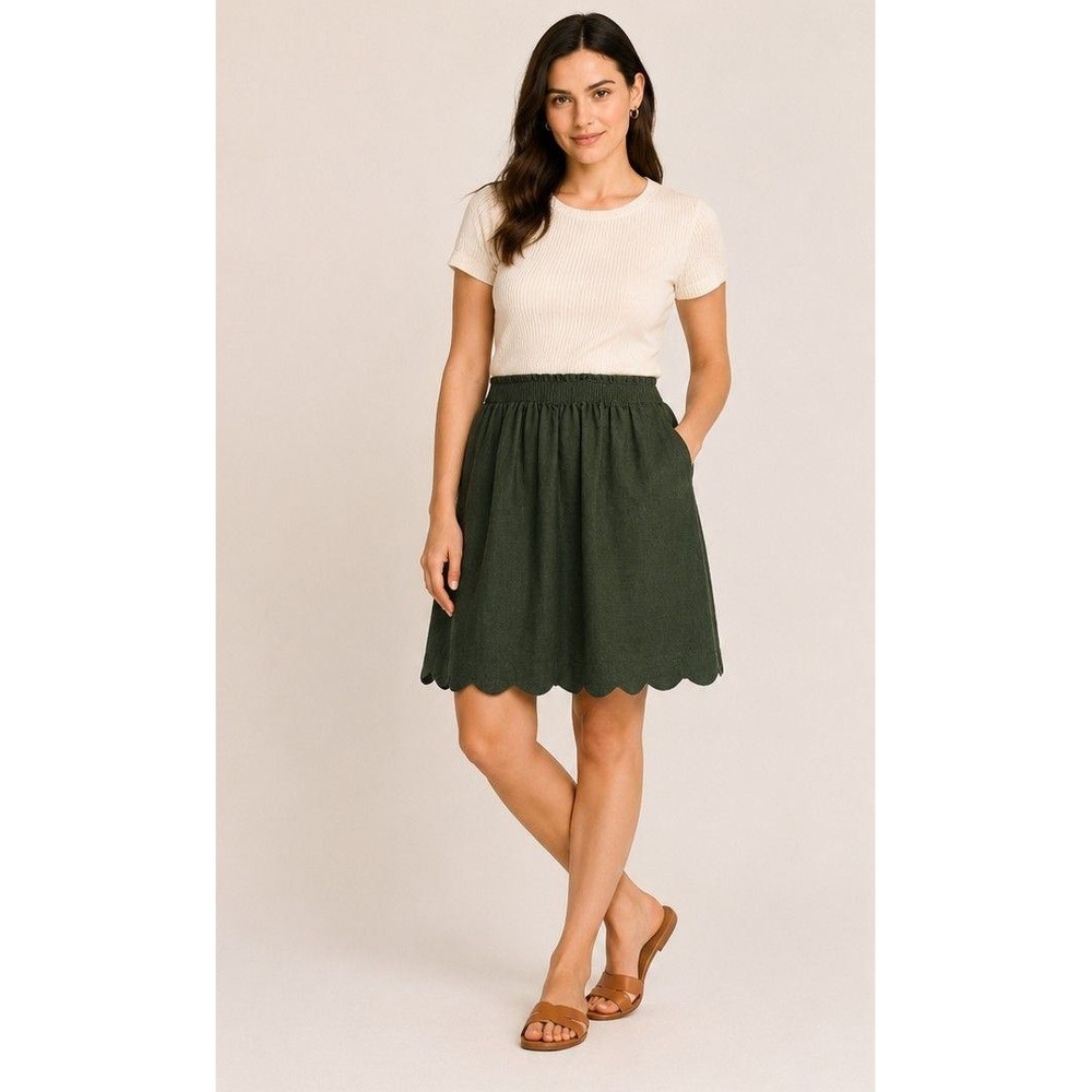 J.Crew Women Size 4 Olive Green Scalloped Hem Linen Blend Mini Skirt Preppy